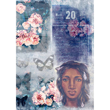 Rice paper featuring a dreamy woman, butterflies, and pink roses with subtle script atop a soft blue backdrop. White borders are on the sides.
