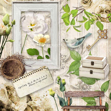 Close-up of a rice paper design that features a collage of flowers, a blue bird, vintage key, birds nest, and a weathered bench against a light striped background.