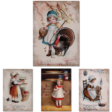 Rice papers against a white background feature 4 scenes of vintage young children preparing for Thanksgiving.