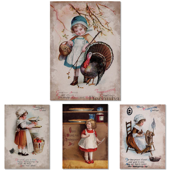 Rice papers against a white background feature 4 scenes of vintage young children preparing for Thanksgiving.