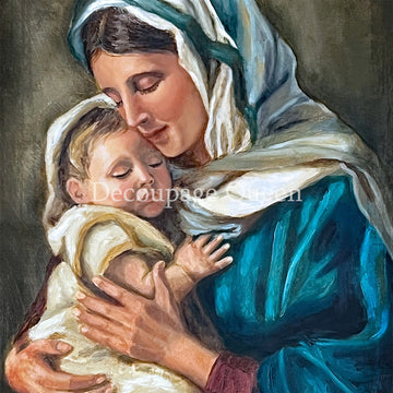 Close-up of a rice paper design featuring a painting of Mary and baby Jesus.