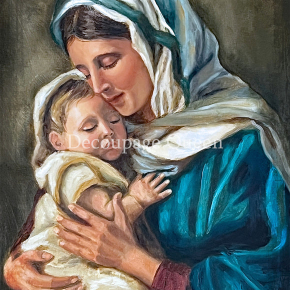 Close-up of a rice paper design featuring a painting of Mary and baby Jesus.