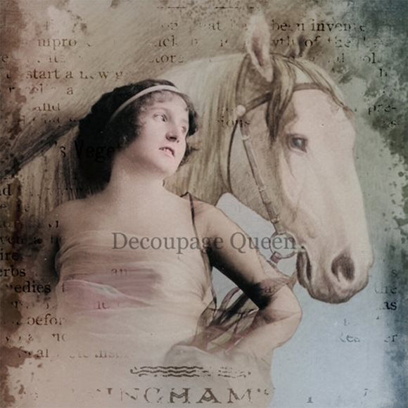 Close-up of a rice paper featuring a lovely Victorian woman leaning against a white horse, set against a vintage backdrop and adorned with a unique print.