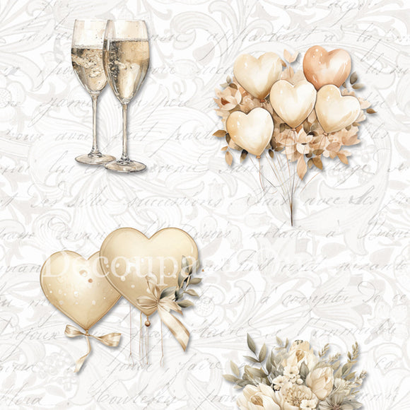 Close-up of a rice paper design that features gold toned images of champagne flutes, a bow, and bouquets of heart balloons and flowers against a white flourish script background.