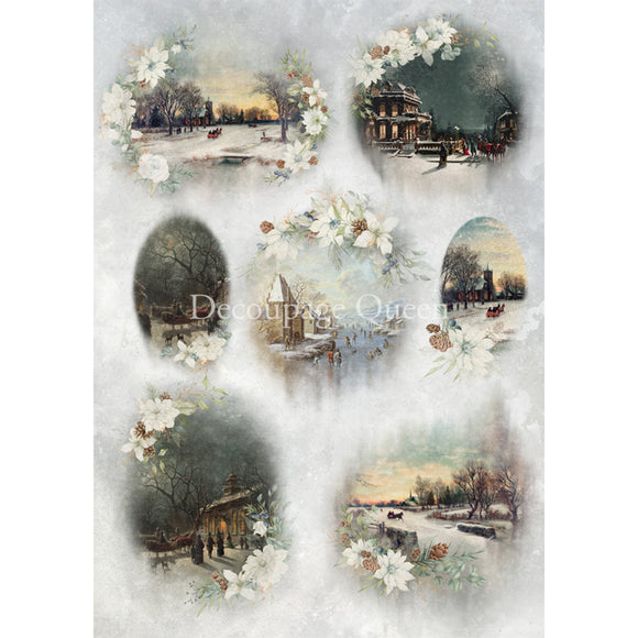 Rice paper featuring 7 snowy winter scenes framed by delicate white flowers.
