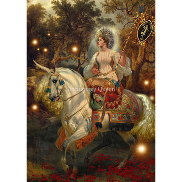 Rice paper featuring the queen of fairies and her trusty white unicorn, frolicking in a forest.