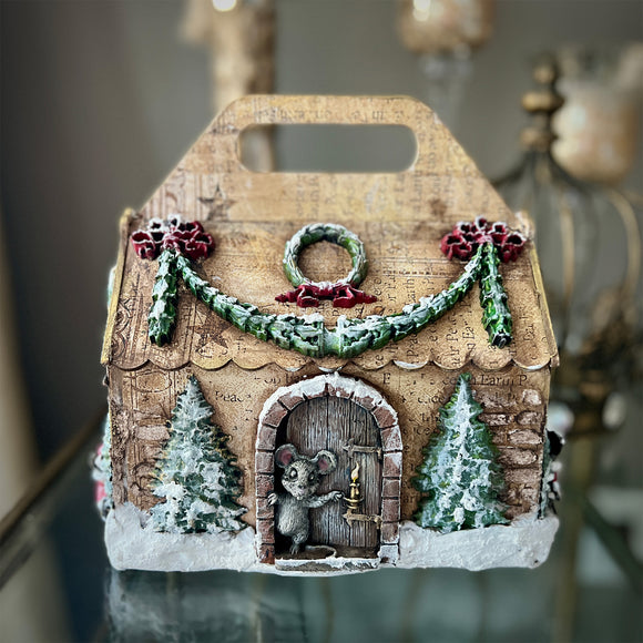 A small wood craft project that portrays a small mouse home features colorful castings made from Decoupage Queen's Winter Trees silicone mold along with other silicone mold castings.