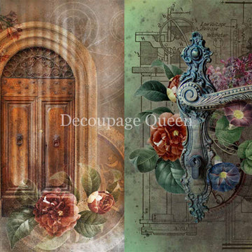 Close-up of a rice paper that features an arched doorway design and vintage door knob handle, bringing a Victorian touch to any piece.