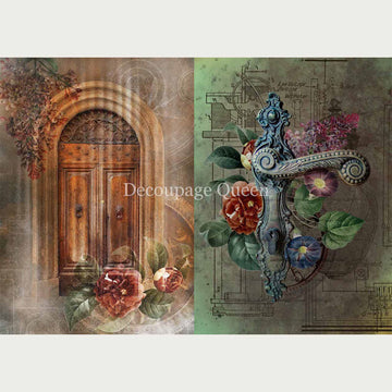 Rice paper that features an arched doorway design and vintage door handle design, bringing a Victorian touch to any piece. White borders are on the top and bottom.