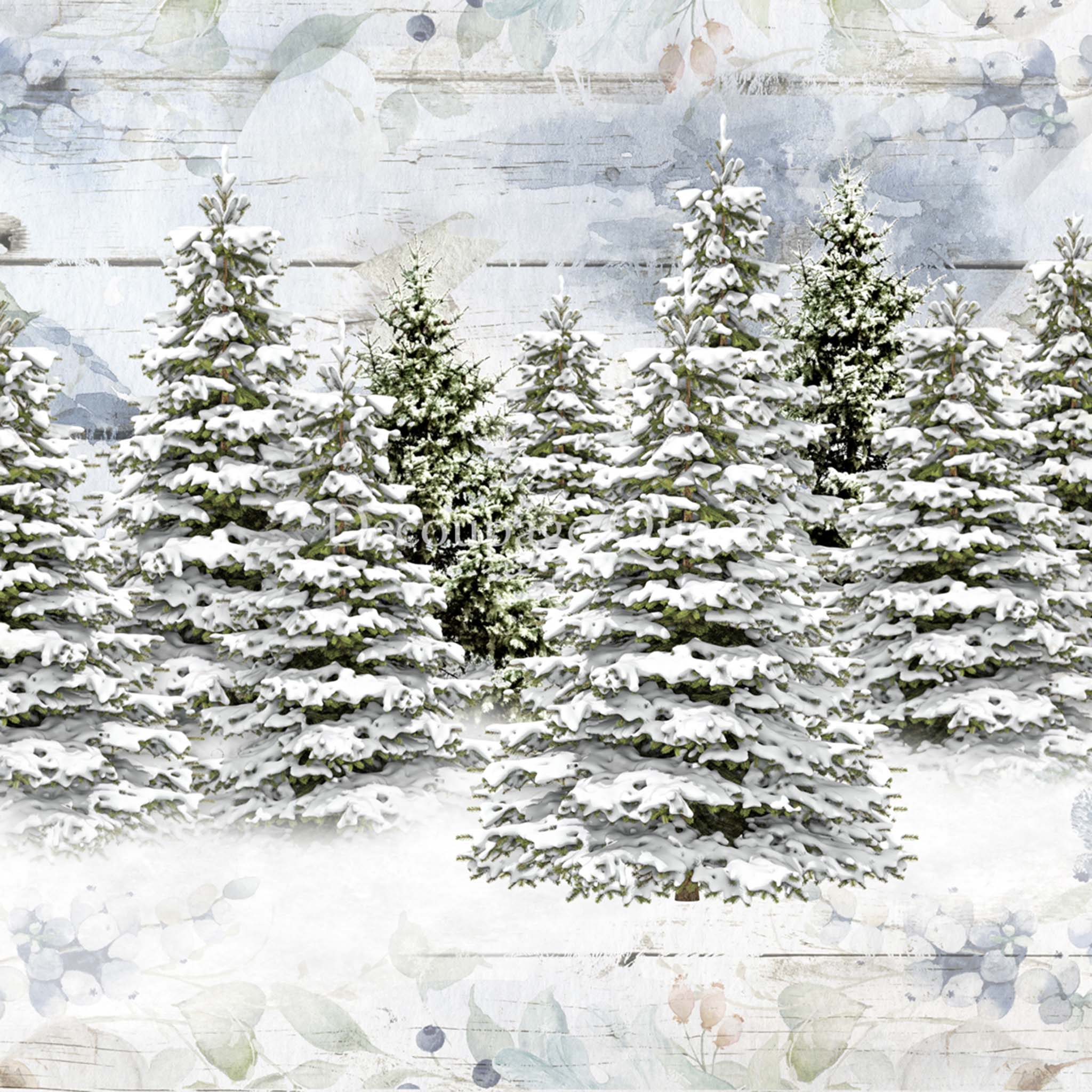 A4 rice paper design featuring a snowy scene full of pine trees.
