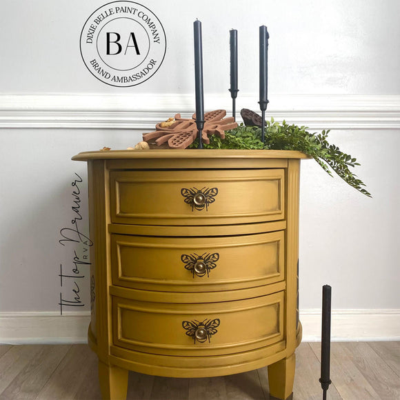 A vintage 3-drawer nightstand refurbished by The Top Drawer features Dixie Belle's Mojave Silk All-In-One Mineral Paint.