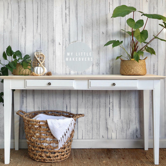 A console table with 2 small drawers refurbished by My Little Makeovers features Dixie Belle's Salt Water Silk All-In-One Mineral Paint.