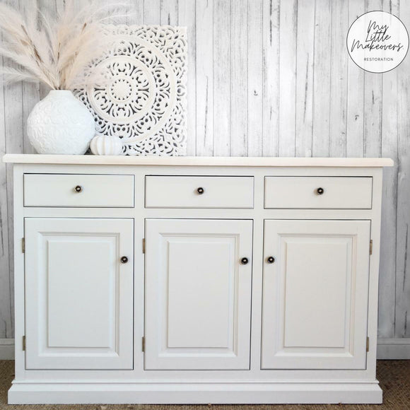 A buffet cabinet refurbished by My Little Makeovers Restoration features Dixie Belle's Salt Water Silk All-In-One Mineral Paint.