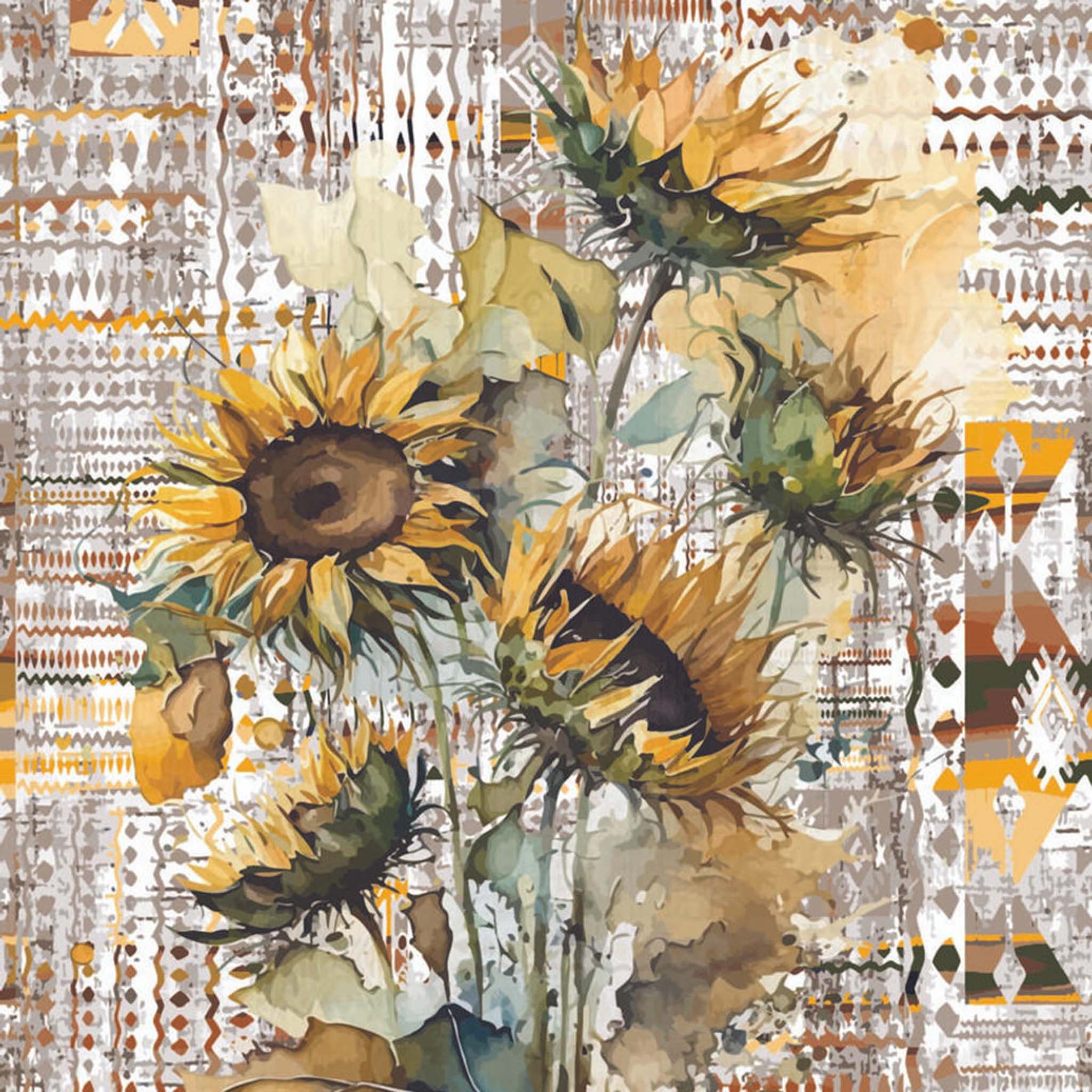 Close-up of an A1 rice paper that features hand painted sunflowers against an Indian tribal patterned background in yellows and browns.