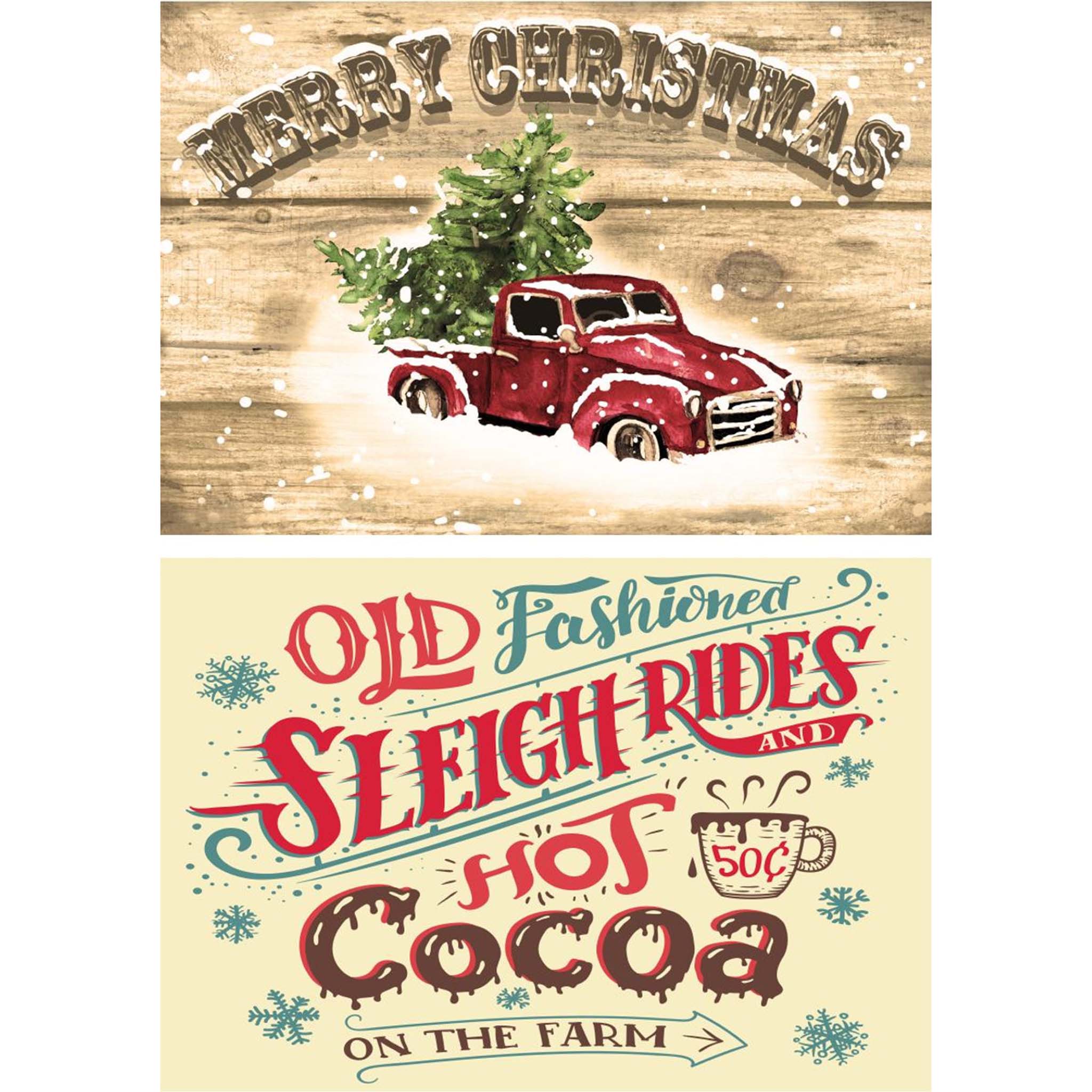 A3 rice paper that features two festive designs that come together in one sheet; one featuring a vintage truck and Christmas trees, and the other a sign for hot cocoa and sleigh rides