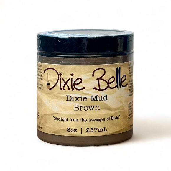 An 8oz container of Dixie Mud by Dixie Belle Paint Company in Brown.