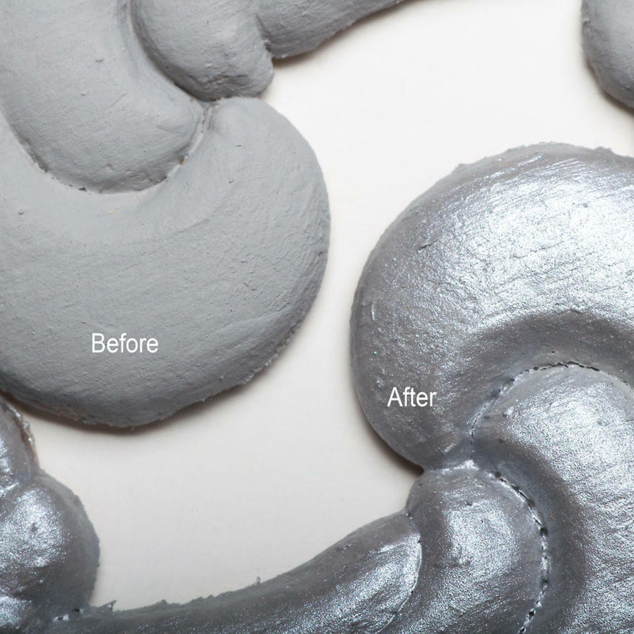 Close-up view of a light grey colored silicone mould casting that shows the before and after use of Dixie Belle's Hi Ho Silver Glaze.