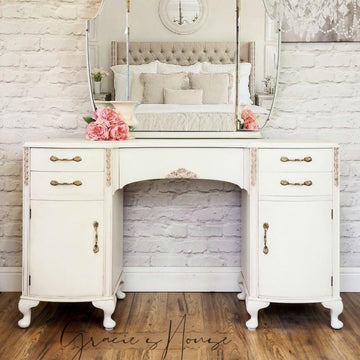 A vintage vanity desk refurbished by Gracie's House features Dixie Belle's Endless Shore Silk All-In-One Mineral Paint.