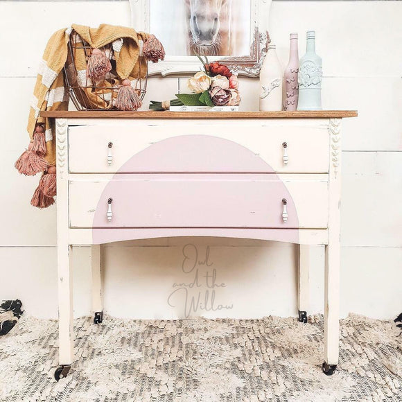 A vintage 2-drawer entry table features Dixie Belle's Endless Shore Silk All-In-One Mineral Paint with a natural wood table top.