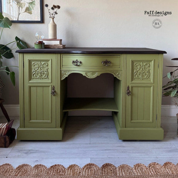 A vintage desk with storage refurbished by Faff Designs features Dixie Belle's Everglades Silk All-In-One Mineral Paint.