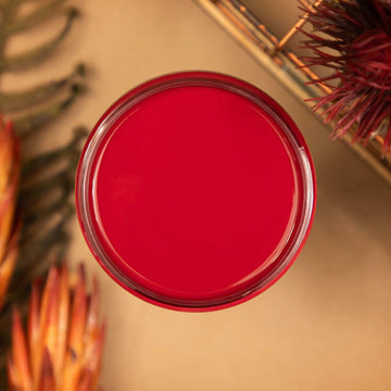 An arial view of an open container of Dixie Belle Paint Company's Fiery Sky All-In-One Silk Paint is on a light brown table with tropical red and orange plants.