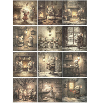 Illustrations of a mouse in various indoor settings with warm lighting.