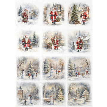 Christmas-themed illustrations featuring Santa Claus in a snowy village setting.