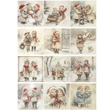 Collection of vintage-style illustrations of children in winter scenes.