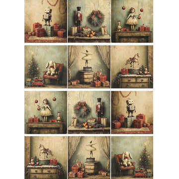 Set of 12 vintage-style Christmas scene illustrations featuring toys and decorations.