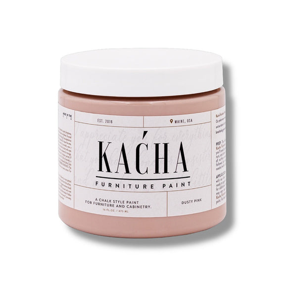 A 16 oz container of Kacha Furniture Paint in the color Dusty Pink is against a white background.