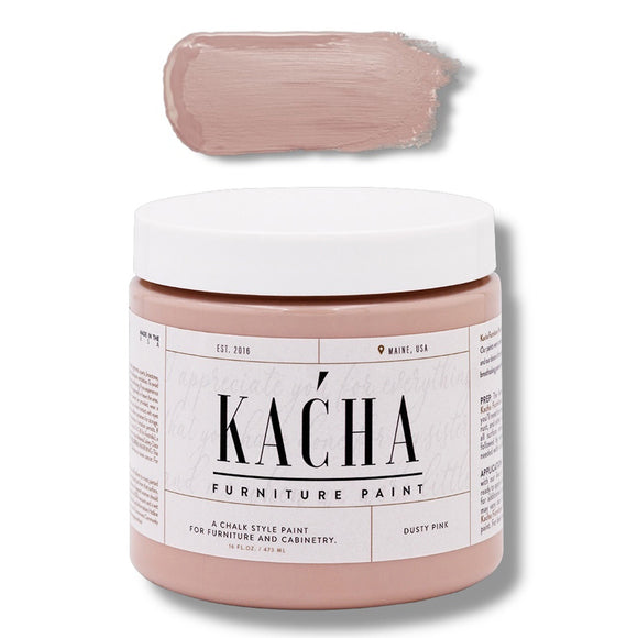 A 16 oz container and swatch sample of Kacha Furniture Paint in the color Dusty Pink is against a white background.