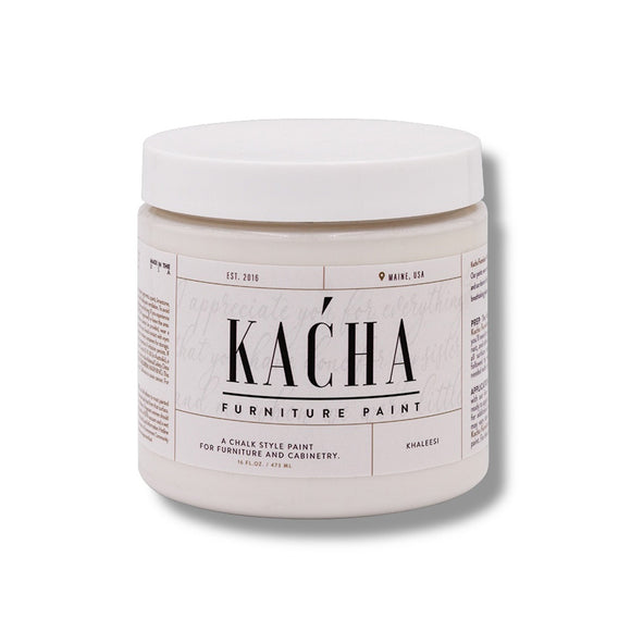 A 16 oz container of Kacha Furniture Paint in the color Kahleesi (bright white) is against a white background.