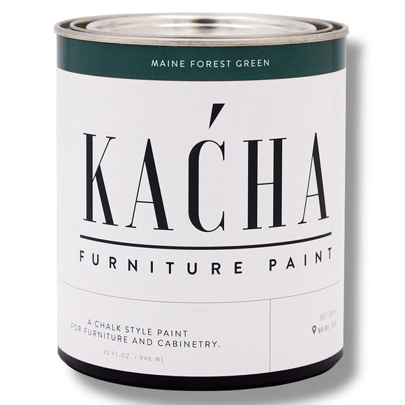 A 32 oz can of Kacha Furniture Paint in the color Maine Forest Green is against a white background.