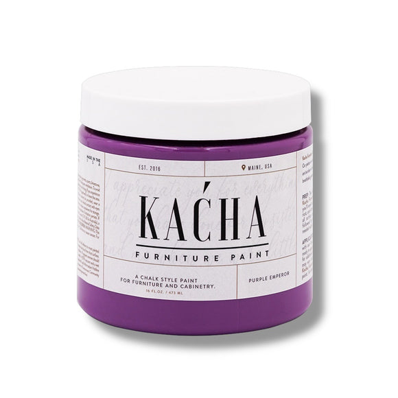 A 16 oz container of Kacha Furniture Paint in the color Purple Emperor is against a white background.