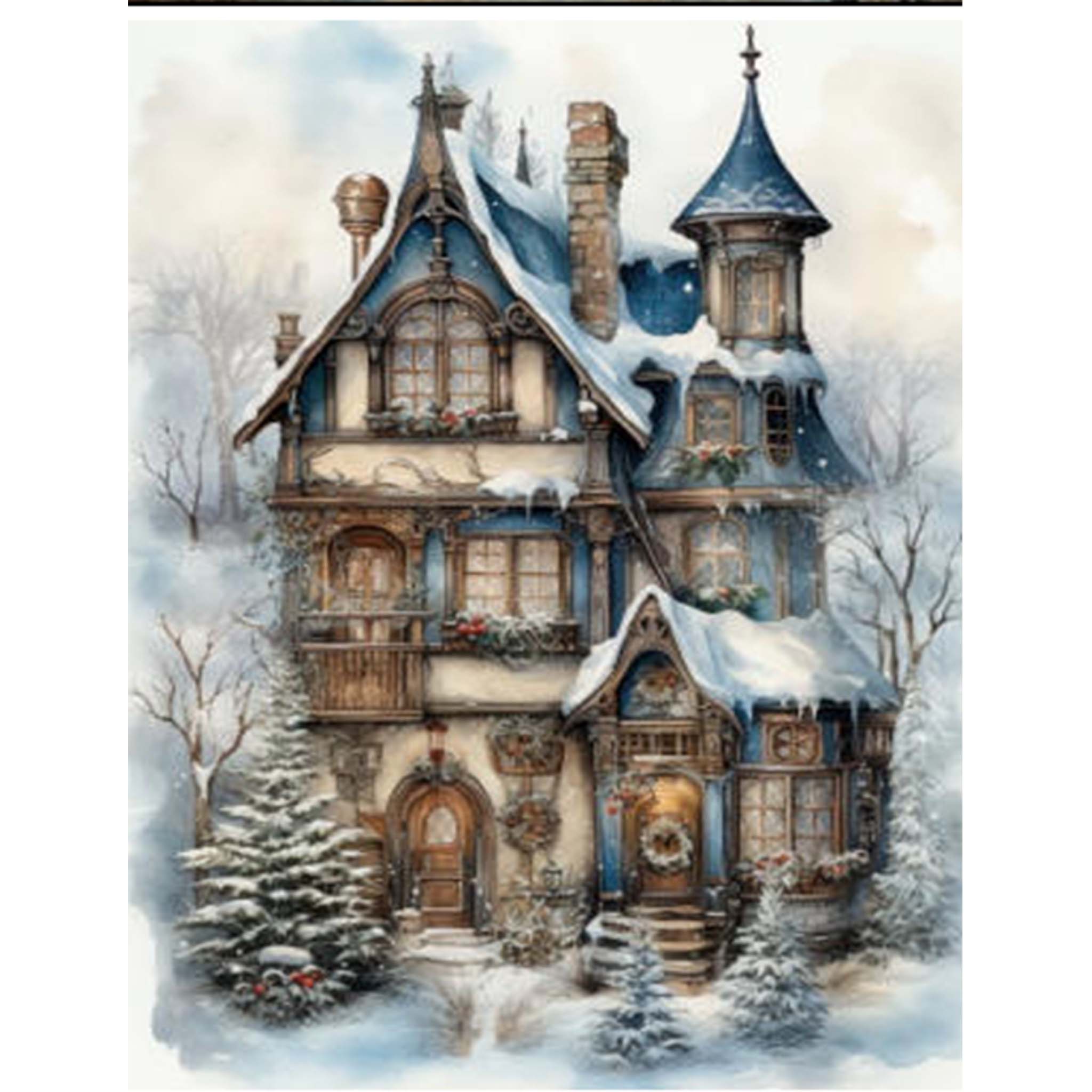 A4 Plus rice paper design featuring a Victorian house covered in snow. White borders are on the sides.
