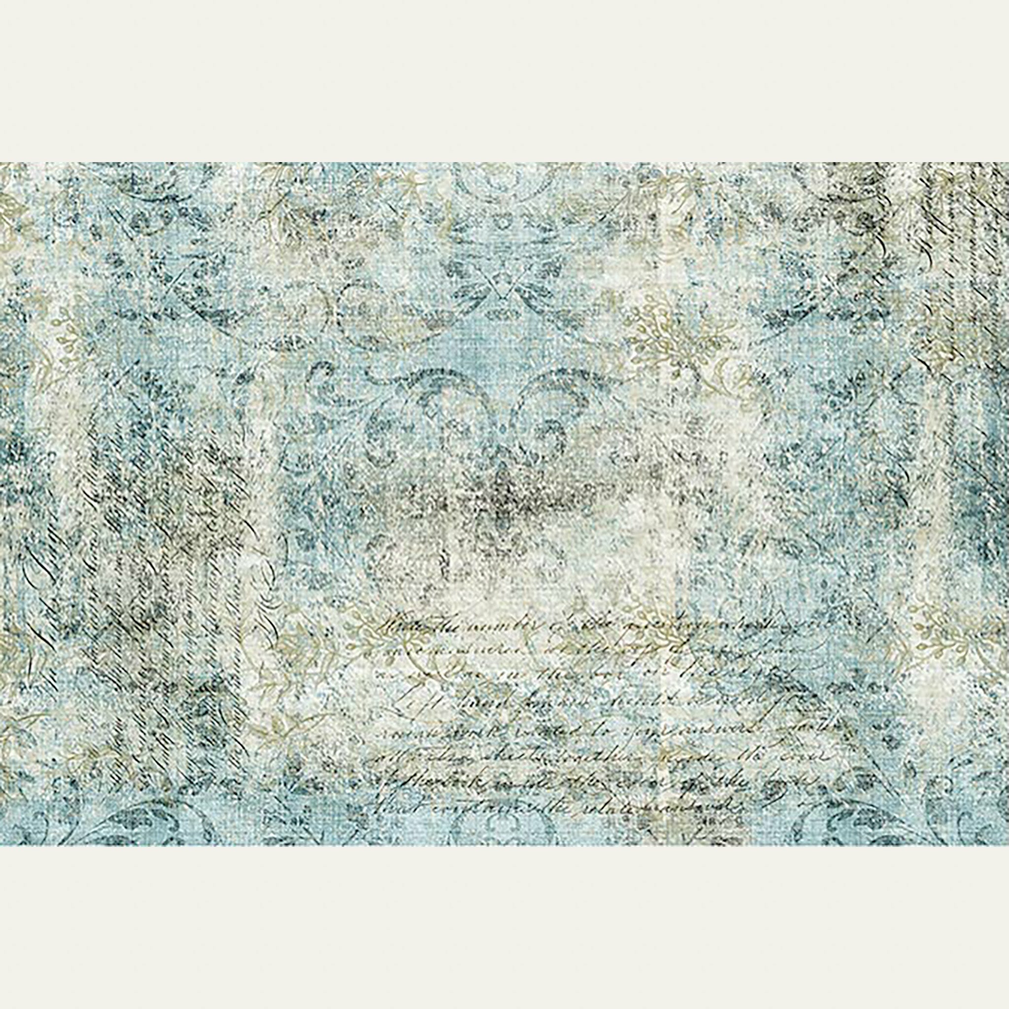 A0 rice decoupage paper of a faded light blue and cream colored fabric that has a worn damask scroll design and script writing. Soft white borders on the top and bottom.