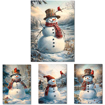Set of four Christmas-themed paintings featuring a snowman in a snowy landscape.