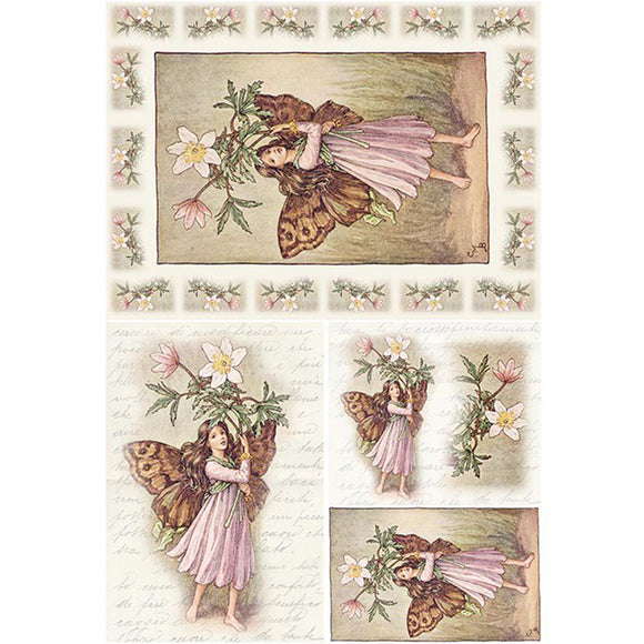 Set of illustrations featuring fairies with flowers on a decorative background