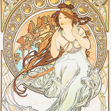 Close-up of a rice paper featuring a vintage design of a graceful goddess in copper and brown tones wearing a flowing white dress.