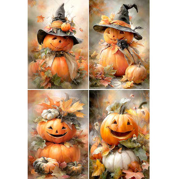 Four Halloween-themed pumpkin illustrations with witch hats and autumn leaves.