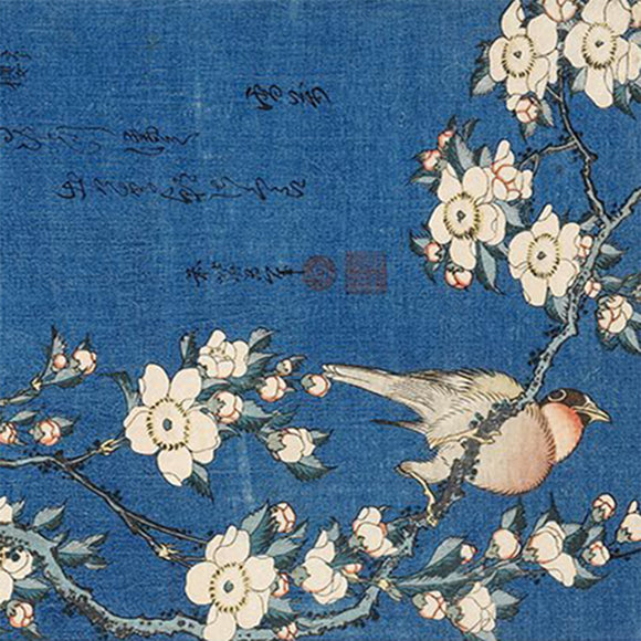 Close-up of a rice paper featuring a cloth texture that features a charming blue background with Japanese writing and a bird perched on a blooming branch.