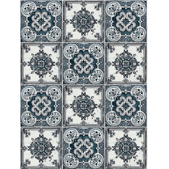 Rice paper featuring  a charming repeating pattern of 2 styles of blue and white tiles.