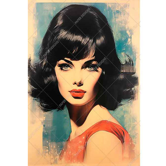 Rice paper featuring a dark-haired brunette 60's woman in a red dress against a blue background.
