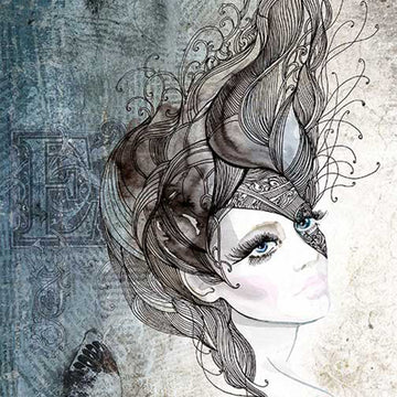 Close-up of a rice paper design featuring a sketch of a woman in a mask and beautiful butterflies on a collage of vintage print background.