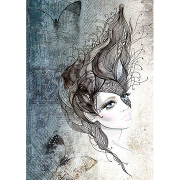 Rice paper design featuring a sketch of a woman in a mask and beautiful butterflies on a collage of vintage print background. White borders are on the sides.