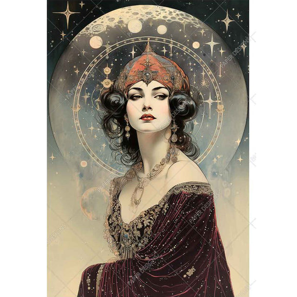 Rice paper featuring a woman in red crown and plum dress seated beneath celestial symbols.