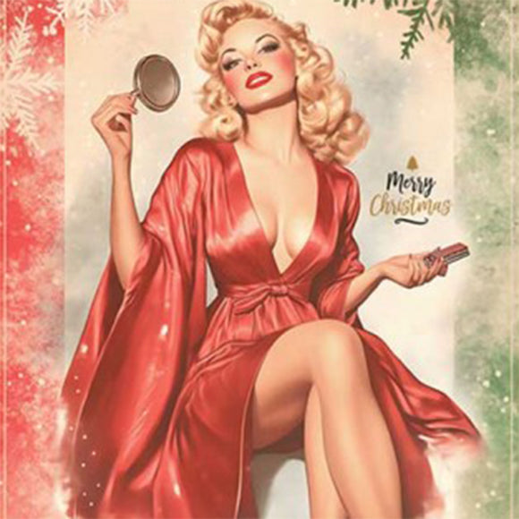 Close-up of a rice paper design of a vintage Christmas card featuring a stunning lady in a crimson robe.