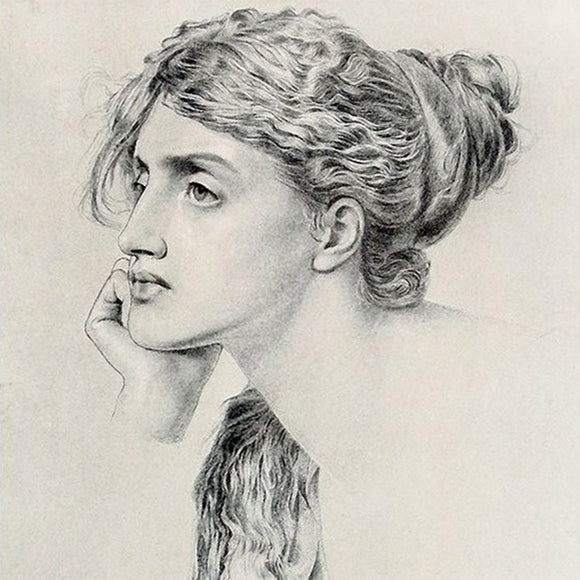 Close-up of a rice paper featuring a stunning black and white portrait sketch of a woman with long hair resting her head on her hand.