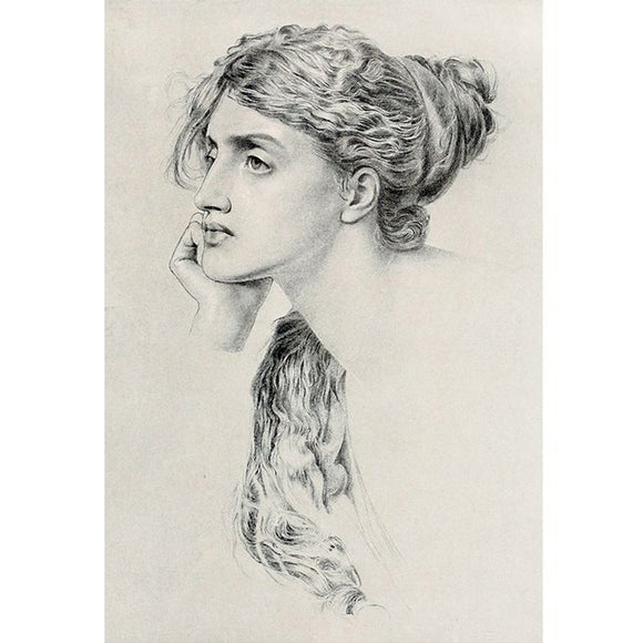 Rice paper featuring a stunning black and white portrait sketch of a woman with long hair resting her head on her hand.