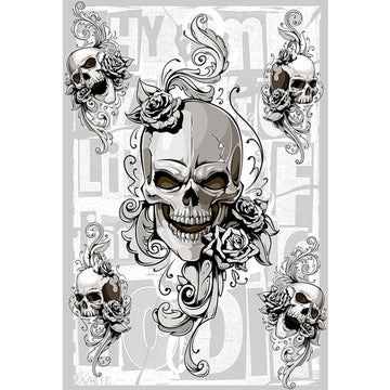 Rice paper featuring a grey scale design of skulls and roses against scrolling flourishes with a touch of block text as the backdrop.
